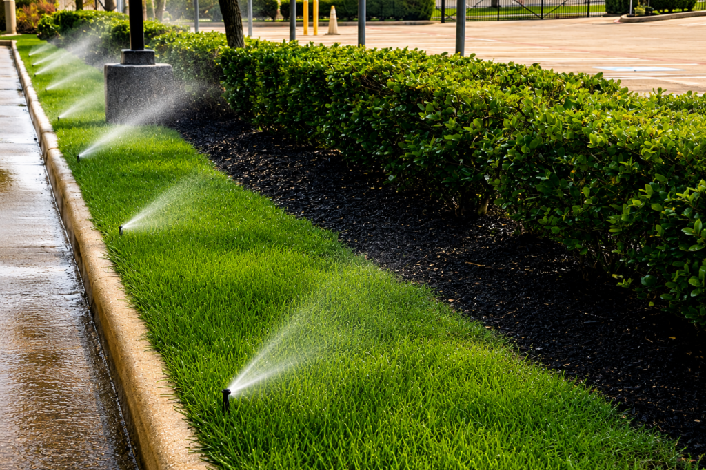 Rotary sprinkler watering a healthy green lawn beneath mature trees, providing even irrigation coverage across a residential backyard landscape.