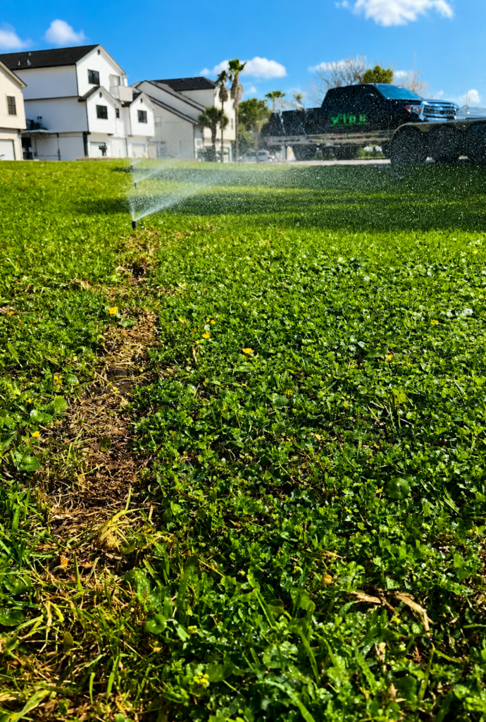 Newly installed residential sprinkler system providing even lawn coverage during irrigation system testing by Wise Sprinklers & Lighting.