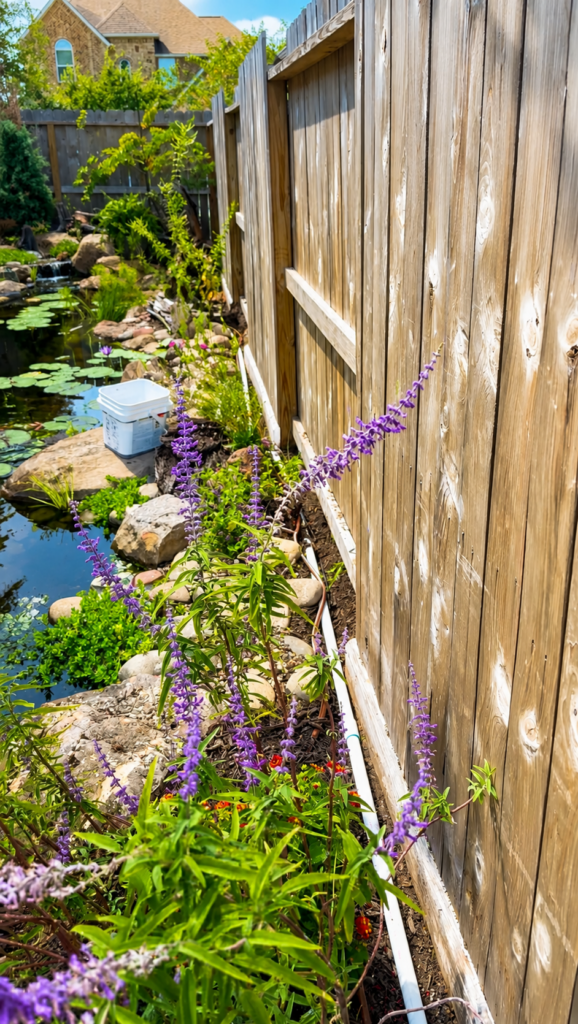 Professionally installed drip irrigation system providing efficient watering to flowering plants and landscaping along a backyard fence beside a decorative pond.