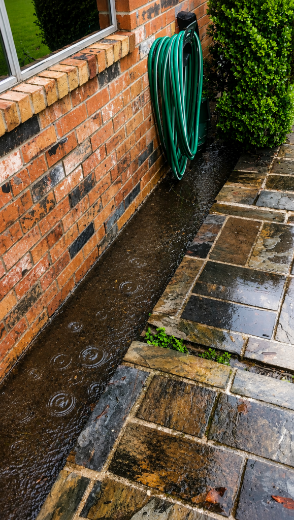 Standing water against a brick home foundation before french drain and drainage system installation by Wise Sprinklers & Lighting.