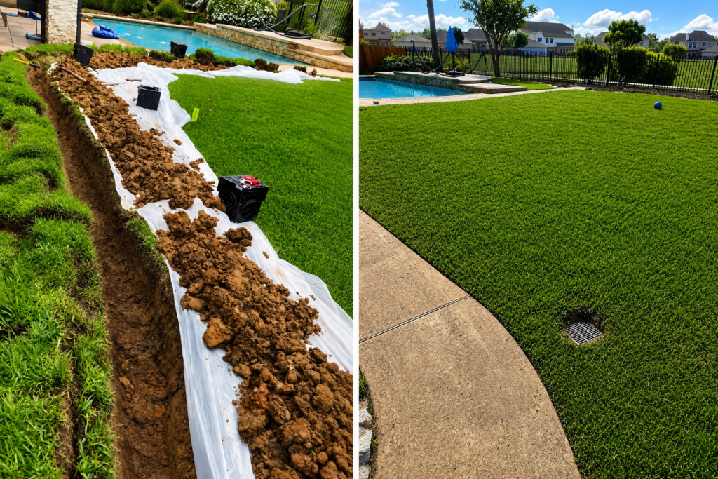 Side-by-side comparison showing a drainage system installation in progress next to the completed project with restore lawn, pool, side yard and finish drain grate.