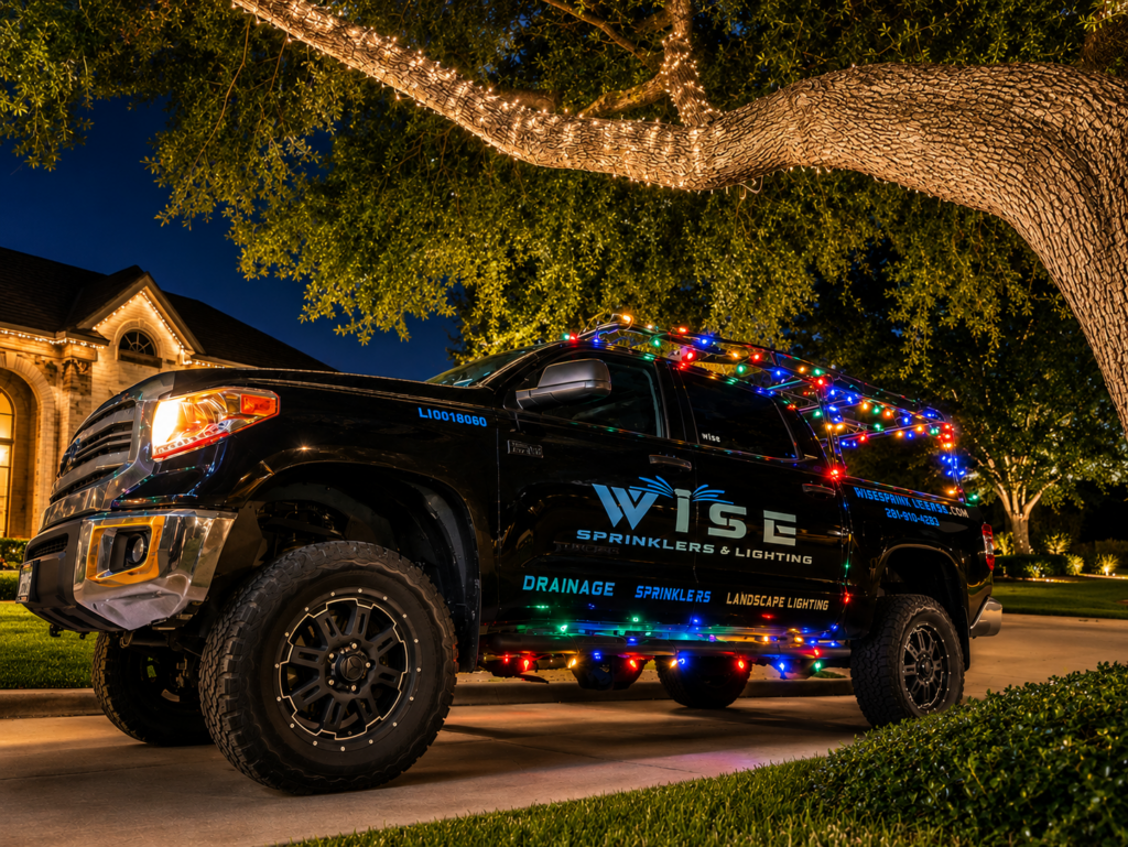 Wise Sprinklers & Lighting service truck decorated with colorful Christmas lights, parked in front of a beautifully illuminated home during the holiday season.