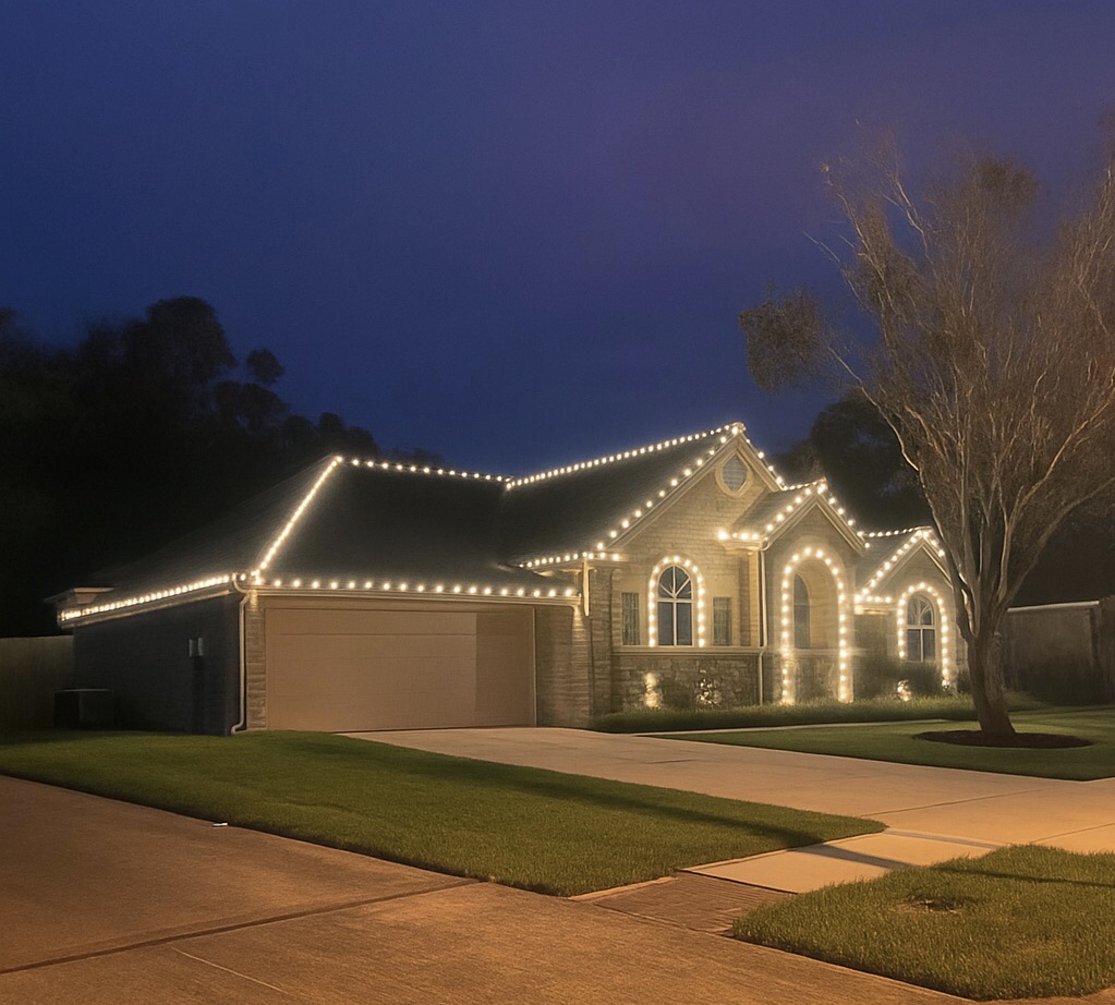 Professional warm white Christmas light installation on a single-story brick home featuring roofline lighting, illuminated archways, neatly maintained landscaping, and a wide driveway at night.