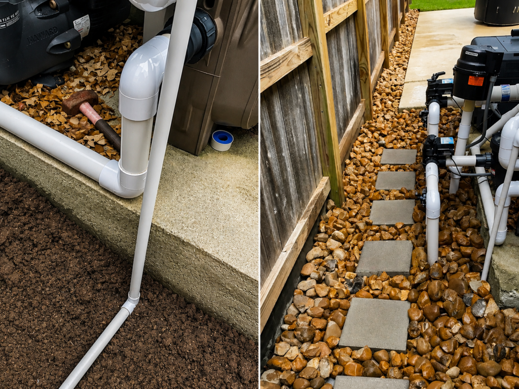 Pool drainage system with PVC piping that safely direct water away during pool draining.