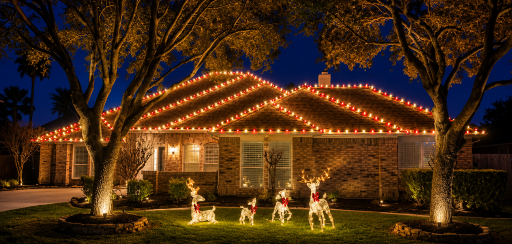 Professional custom C9 LED Christmas lights installed along the roofline of a brick home, creating a warm and elegant holiday display at dusk.
