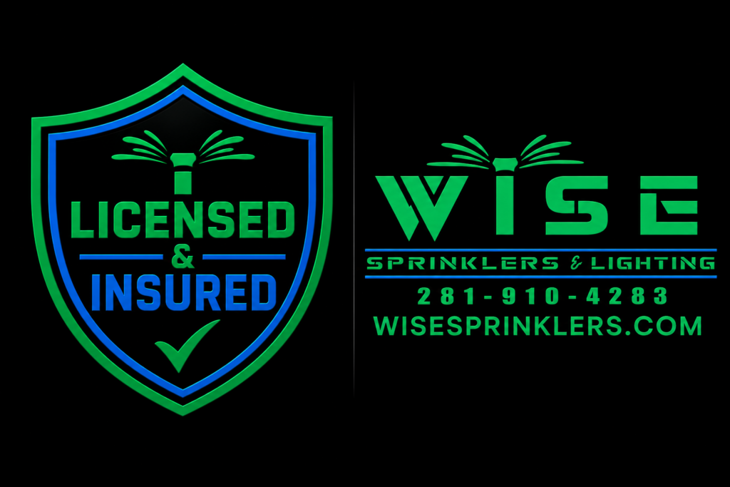 Wise Sprinklers & Lighting licensed and insured badge displayed alongside the company logo, highlighting a licensed, insured, locally trusted irrigation, drainage, and landscape lighting contractor.