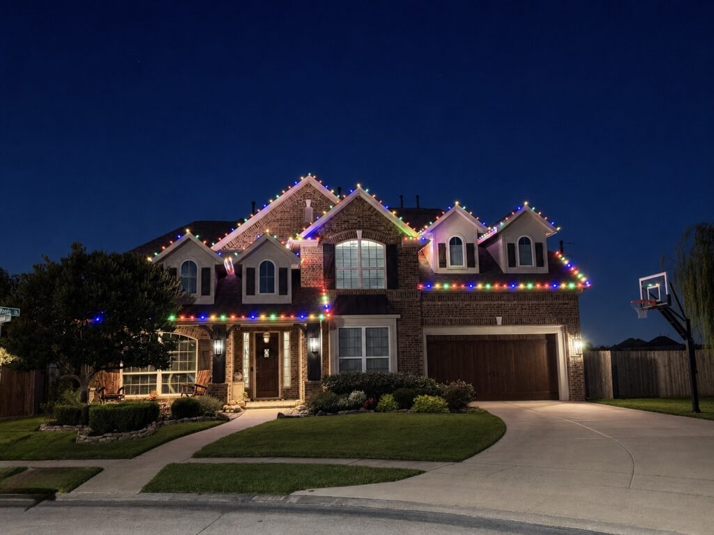 Professional multicolor Christmas light installation on a two-story brick home with vibrant roofline lighting, warm entryway lighting, manicured landscaping, and a curved driveway at dusk.