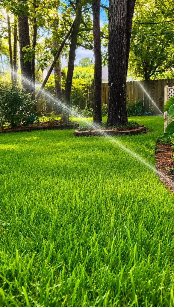 Commercial sprinkler system irrigating a landscaped lawn with pop-up spray heads along a curb, providing even water coverage for healthy grass and shrubs.