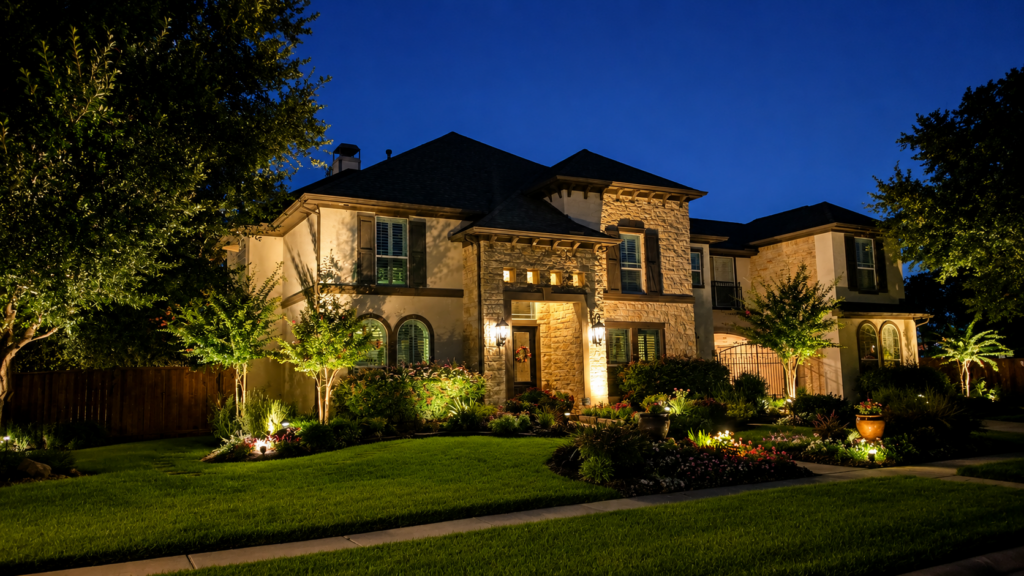 Professionally designed landscape lighting illuminating a luxury home’s architecture, trees, garden beds, and front walkway with warm LED outdoor lighting at night.