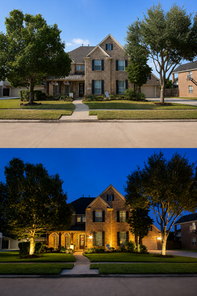 Before and after comparison of a residential landscape lighting installation, showing a home in daylight above and professionally illuminated at night with warm LED uplighting on the house and trees.
