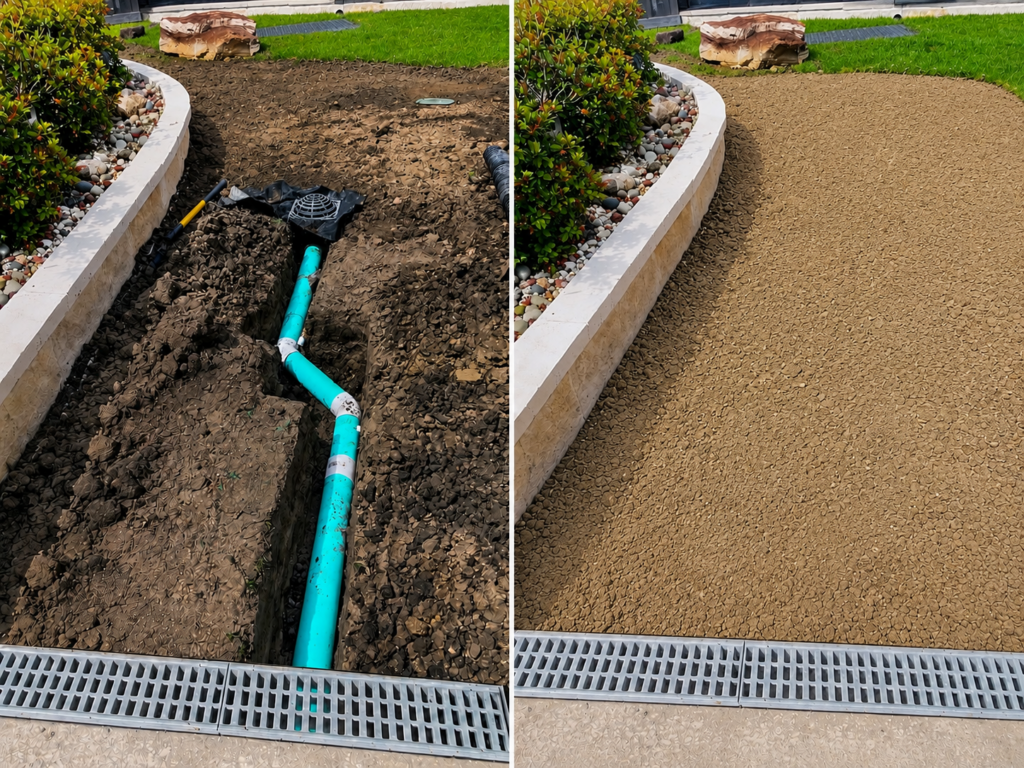 Before and after of a pool deck, drainage, installation, showing a channel drain, drain box, underground, drainage, pipe, and finished gravel surface to eliminate standing water.