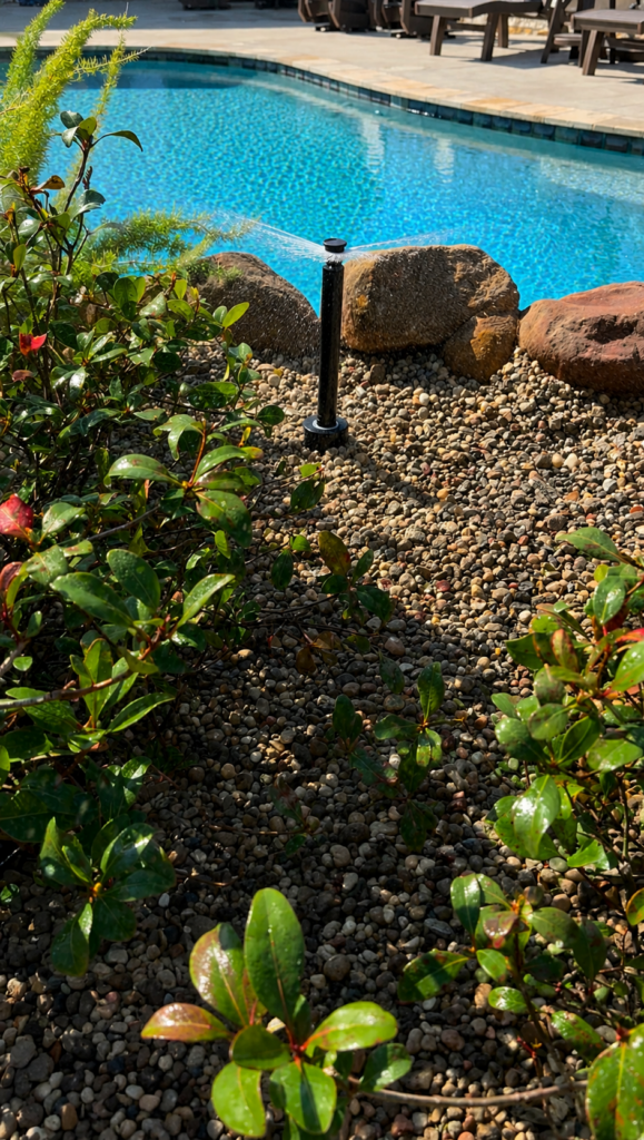 Poolside irrigation sprinkler head watering surrounding shrubs and landscaping with even spray coverage beside a residential swimming pool, demonstrating a professionally installed irrigation system.