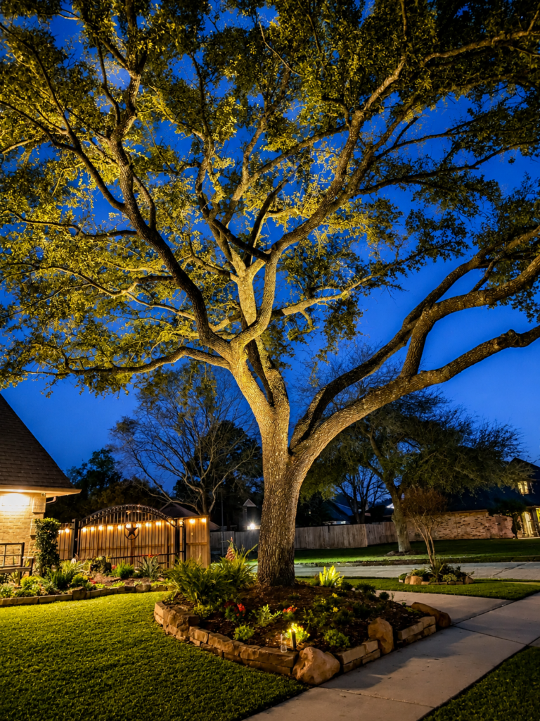 Large mature tree illuminated with professional LED landscape lighting, highlighting the trunk and canopy while enhancing the home’s front yard and nighttime curb appeal.