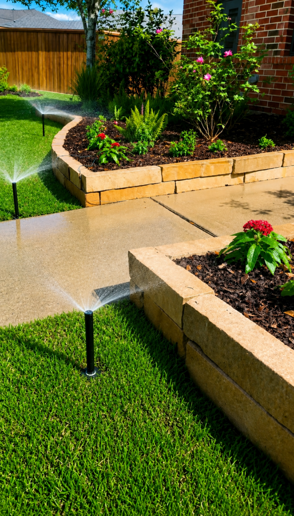 Residential sprinkler system providing even irrigation to a lush lawn and landscaped garden beds with professional sprinkler installation.