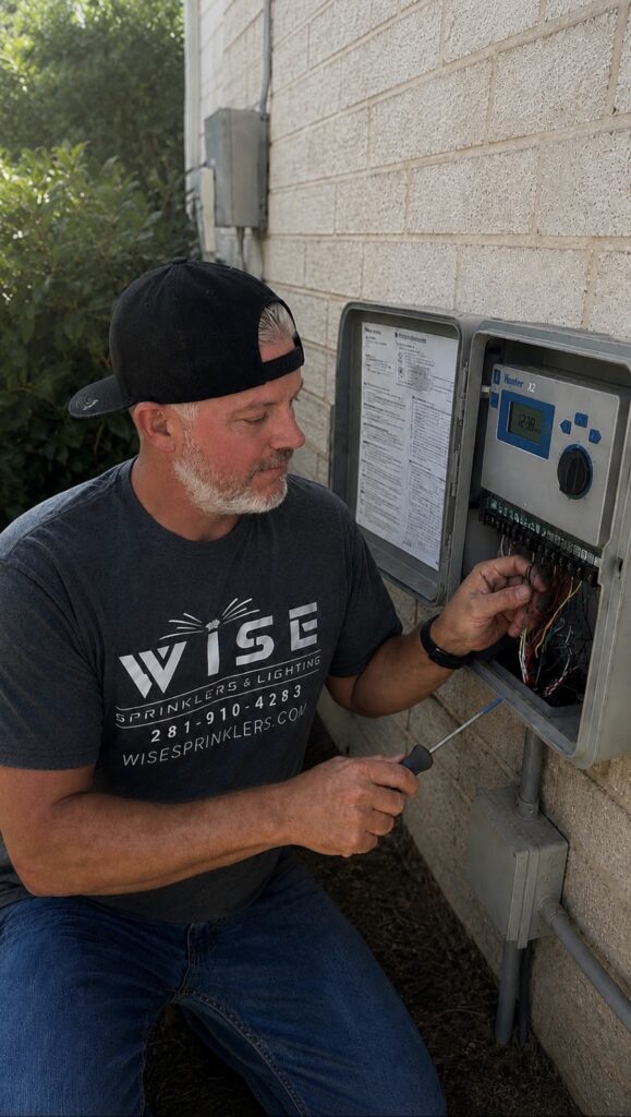 Sprinkler controller repair by a licensed irrigation professional servicing a residential irrigation system.