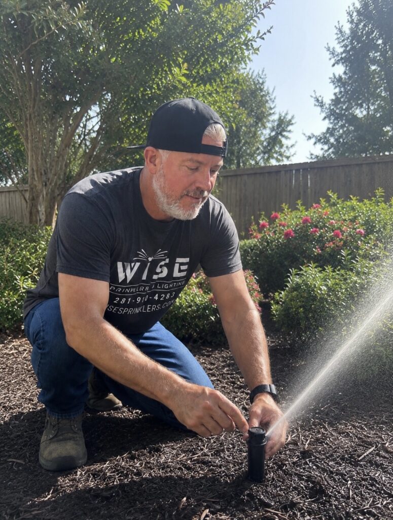 Texas Licensed Irrigator adjusting a residential sprinkler head during a professional irrigation system repair.